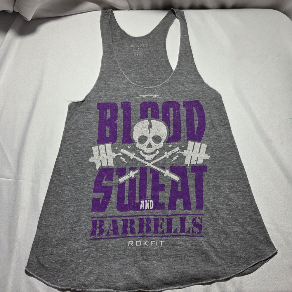 RokFit Womens Blood Sweat and Barbells Racerback Tank Top Gray Purple Large